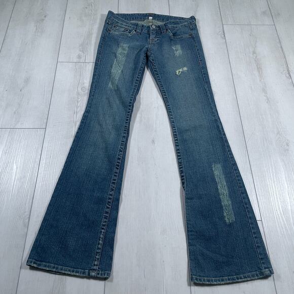 Vintage Bebe Y2k Low Rise Size 27 Flare Jeans Medium Wash Rhinestone Distressed - Picture 1 of 14